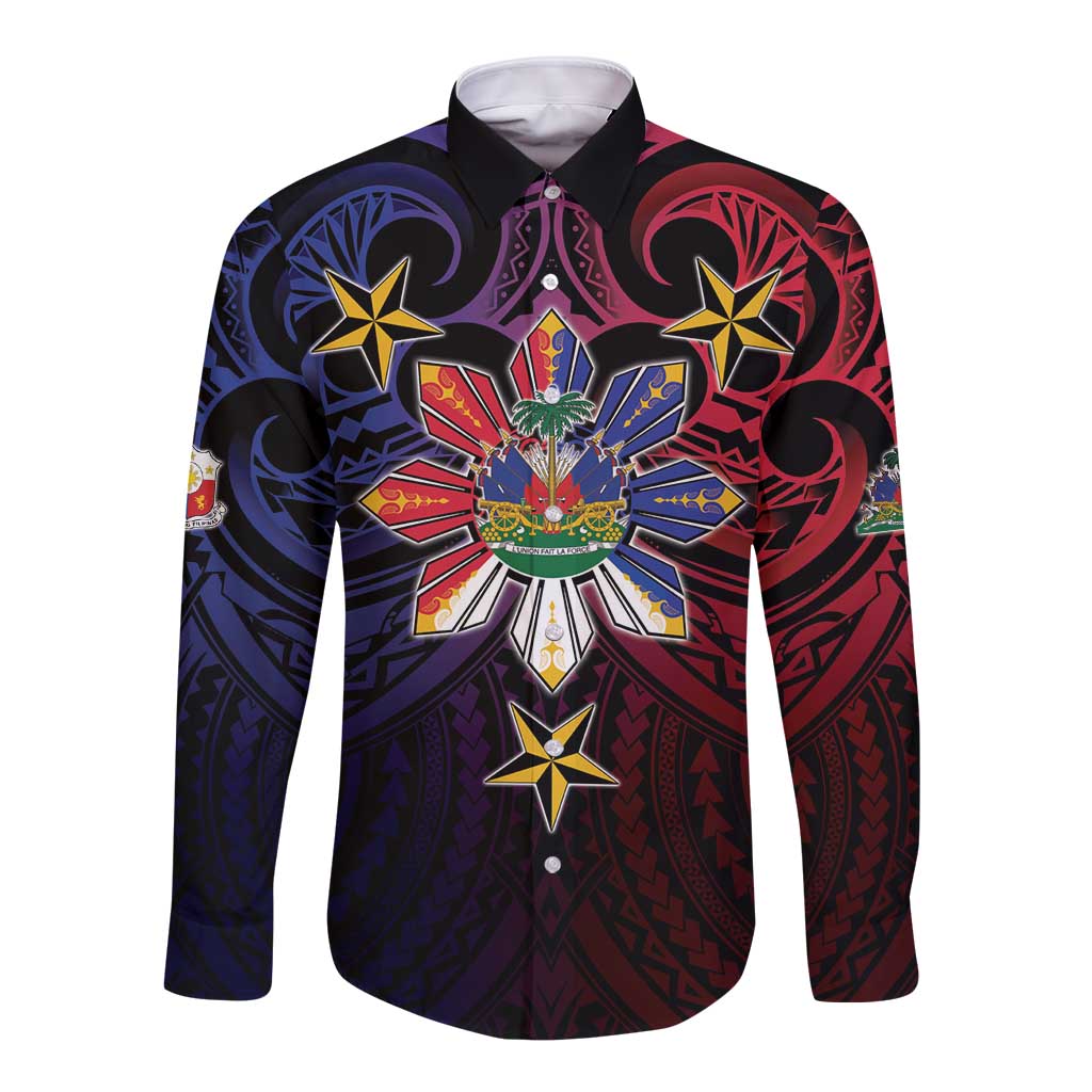 Haiti Philippines Long Sleeve Button Shirt Haitian Coat Of Arms With Filipino Sun LT05 Unisex Black - Polynesian Pride