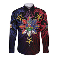 Haiti Philippines Long Sleeve Button Shirt Haitian Coat Of Arms With Filipino Sun LT05 Unisex Black - Polynesian Pride