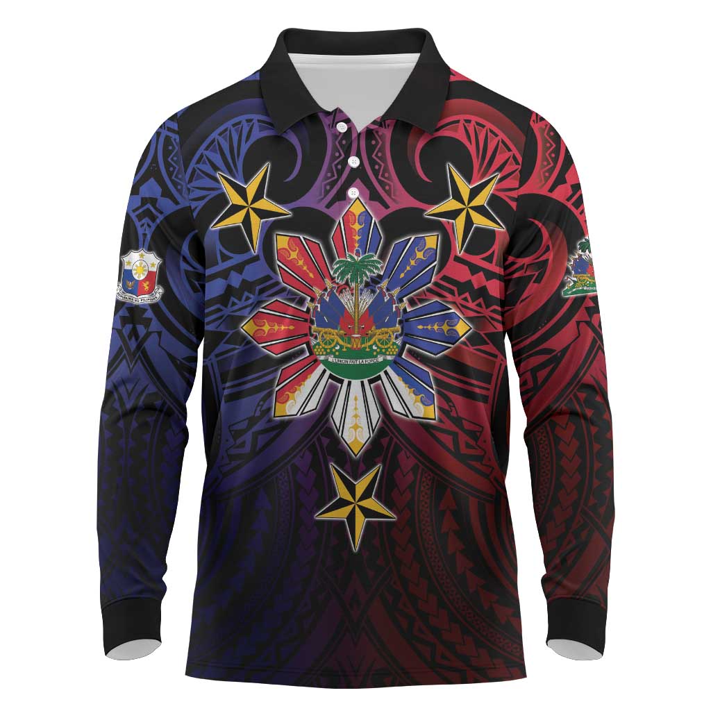 Haiti Philippines Long Sleeve Polo Shirt Haitian Coat Of Arms With Filipino Sun