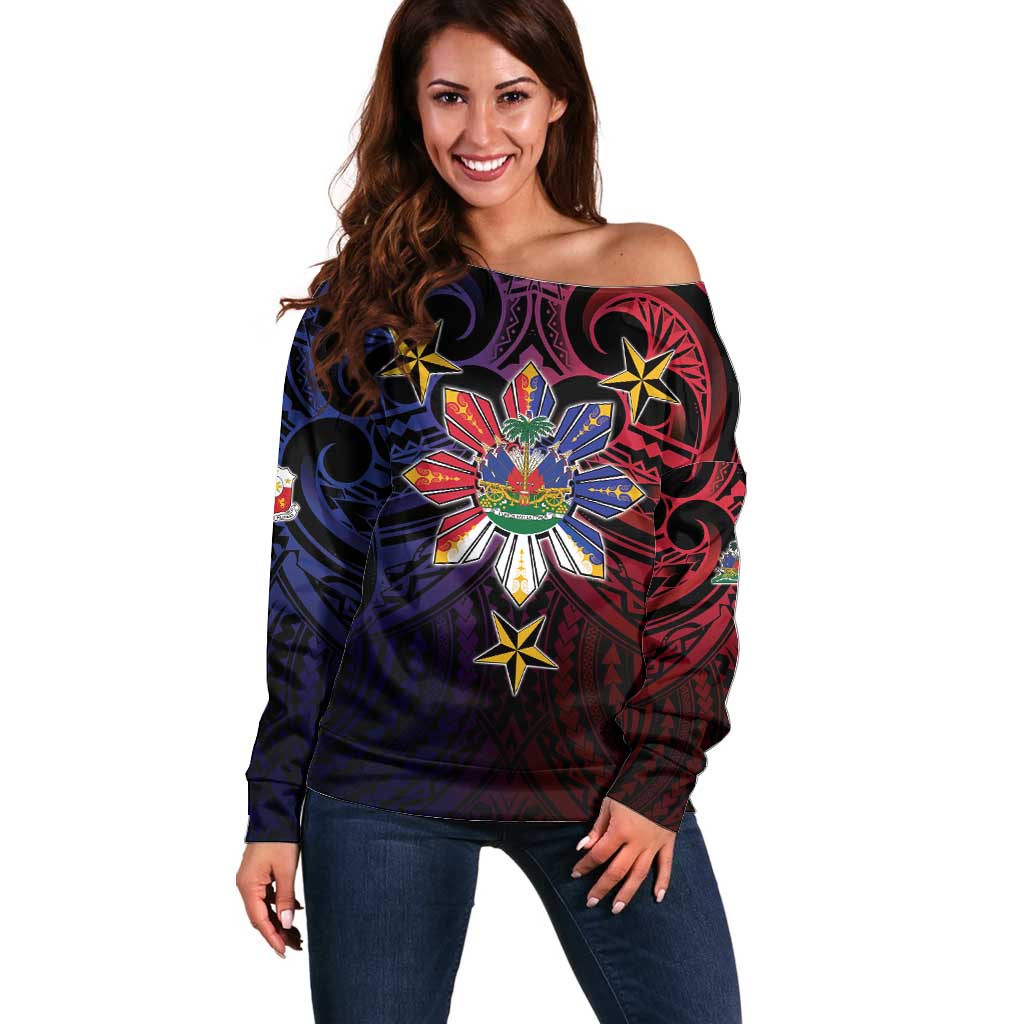 Haiti Philippines Off Shoulder Sweater Haitian Coat Of Arms With Filipino Sun