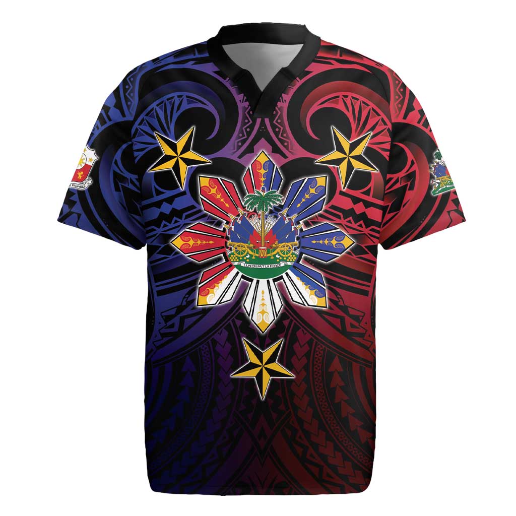 Haiti Philippines Rugby Jersey Haitian Coat Of Arms With Filipino Sun LT05 Black - Polynesian Pride