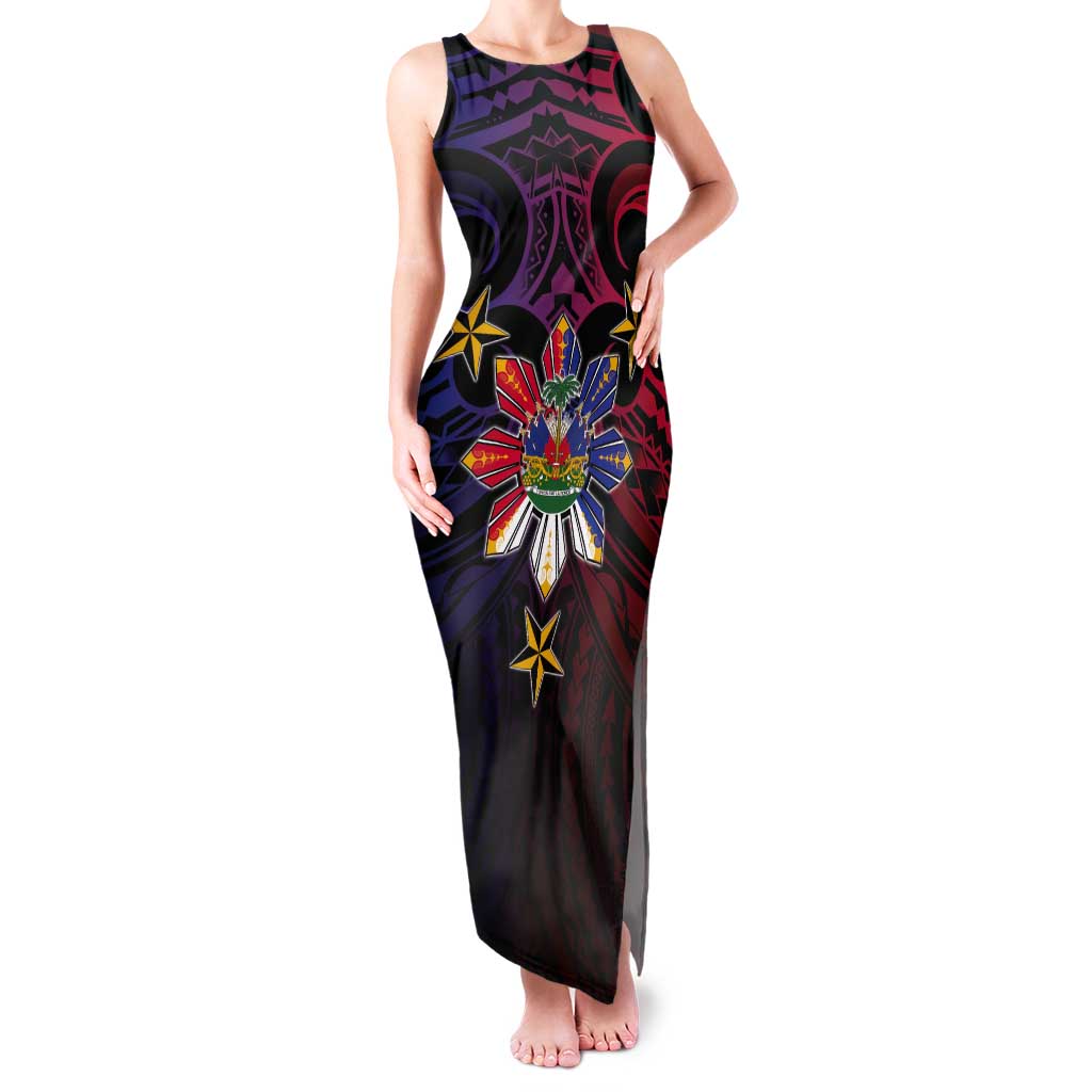 Haiti Philippines Tank Maxi Dress Haitian Coat Of Arms With Filipino Sun