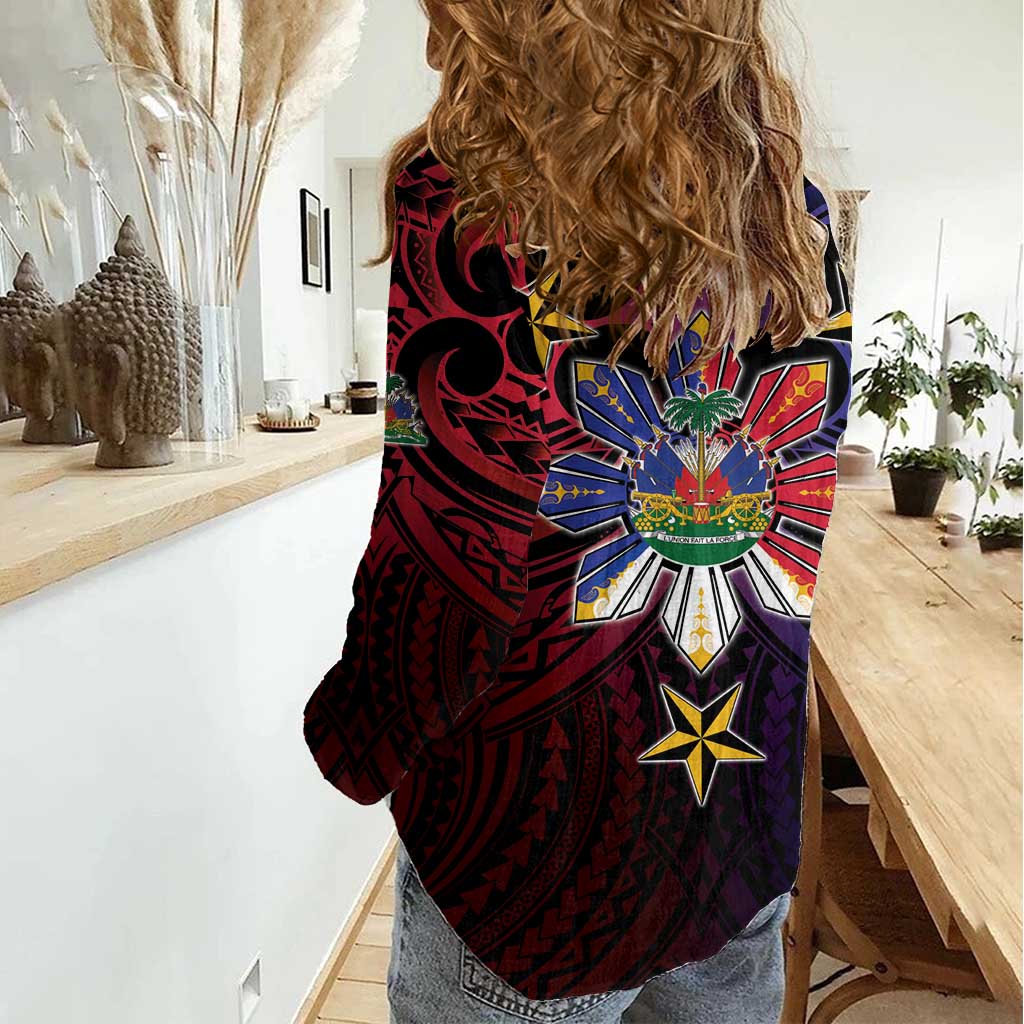 Haiti Philippines Women Casual Shirt Haitian Coat Of Arms With Filipino Sun
