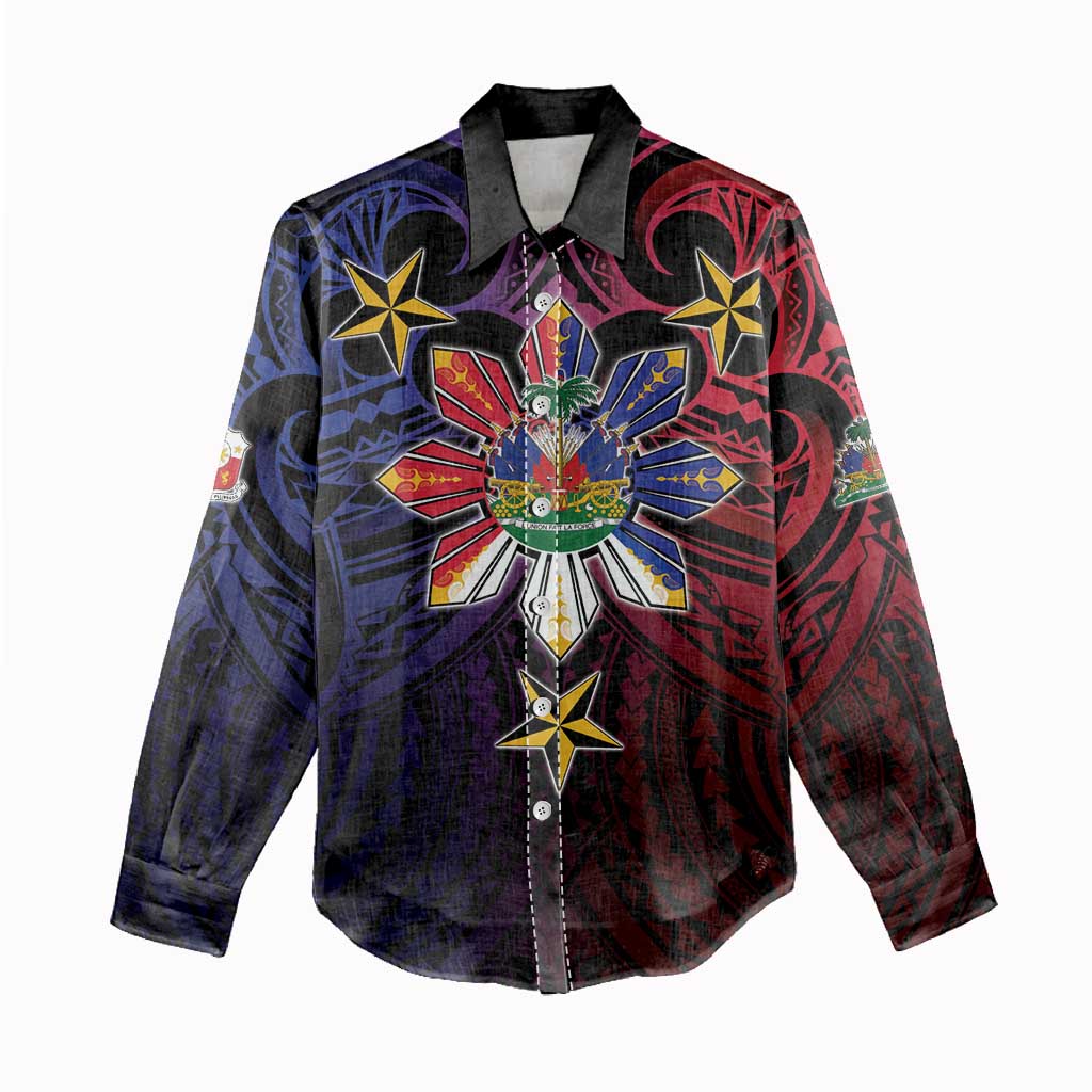 Haiti Philippines Women Casual Shirt Haitian Coat Of Arms With Filipino Sun