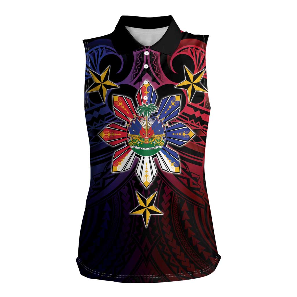 Haiti Philippines Women Sleeveless Polo Shirt Haitian Coat Of Arms With Filipino Sun