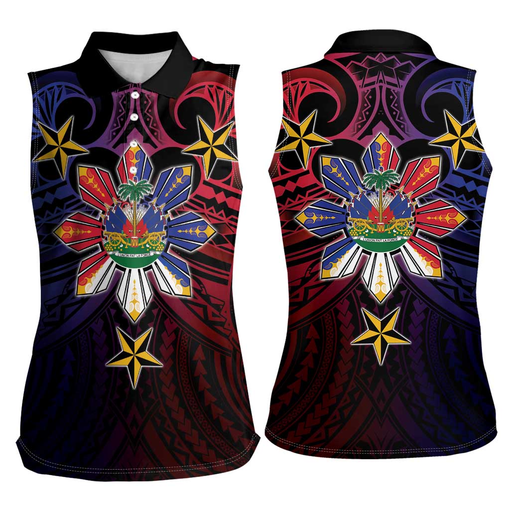 Haiti Philippines Women Sleeveless Polo Shirt Haitian Coat Of Arms With Filipino Sun