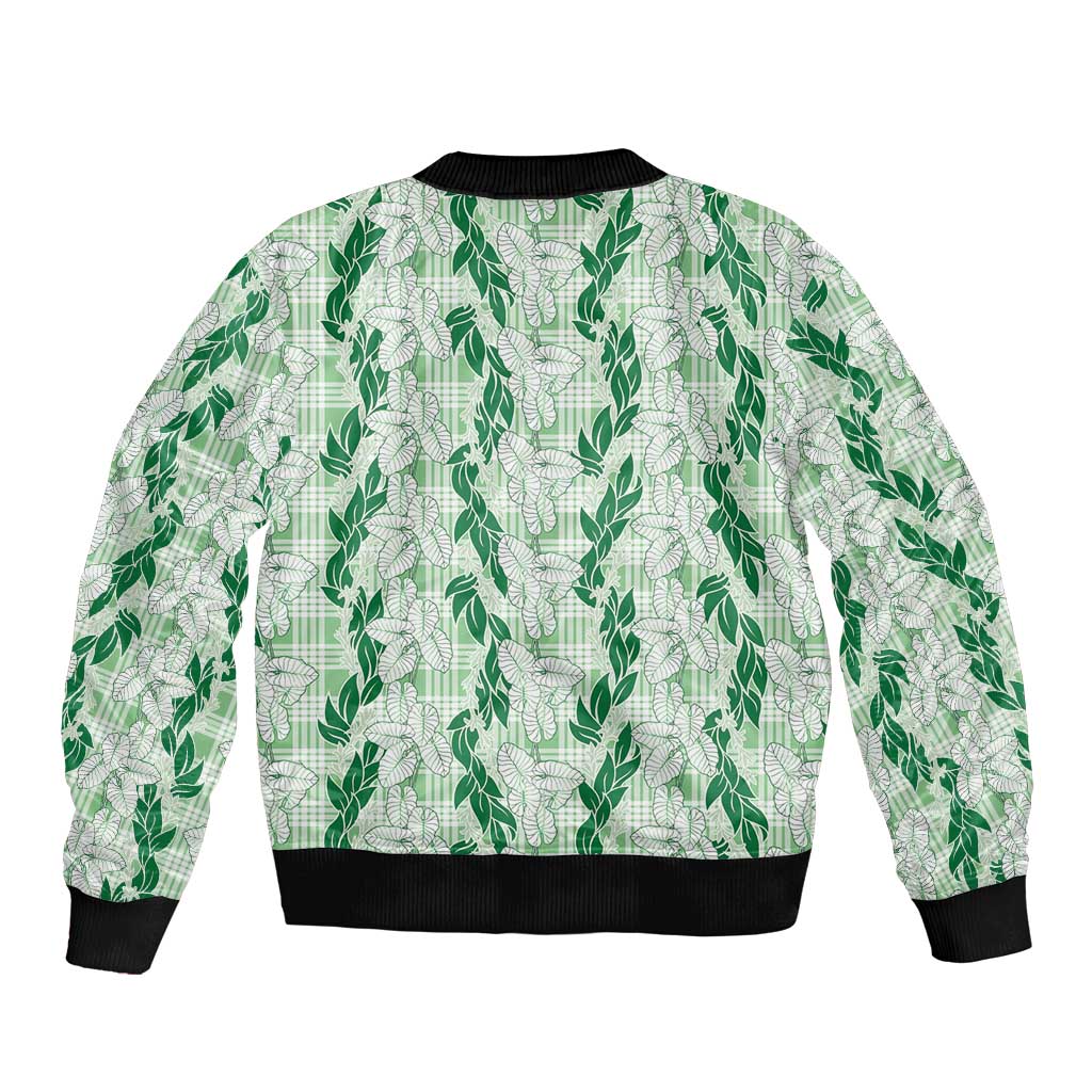 Hawaii Ti Leaf Maile Tuberose Lei Bomber Jacket With Hanalei Leaf Green