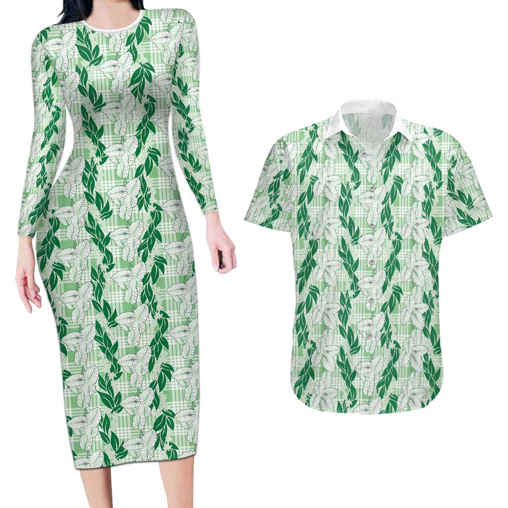 Hawaii Ti Leaf Maile Tuberose Lei Couples Matching Long Sleeve Bodycon Dress and Hawaiian Shirt With Hanalei Leaf Green LT05 Green - Polynesian Pride