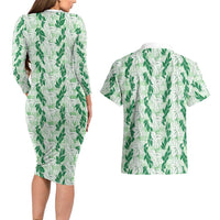 Hawaii Ti Leaf Maile Tuberose Lei Couples Matching Long Sleeve Bodycon Dress and Hawaiian Shirt With Hanalei Leaf Green LT05 - Polynesian Pride