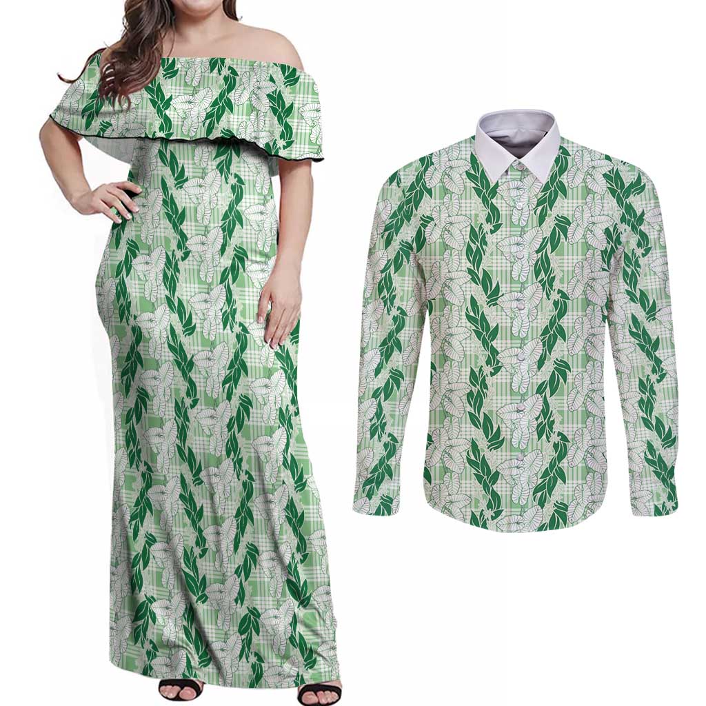Hawaii Ti Leaf Maile Tuberose Lei Couples Matching Off Shoulder Maxi Dress and Long Sleeve Button Shirt With Hanalei Leaf Green