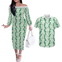 Hawaii Ti Leaf Maile Tuberose Lei Couples Matching Off The Shoulder Long Sleeve Dress and Hawaiian Shirt With Hanalei Leaf Green LT05 Green - Polynesian Pride