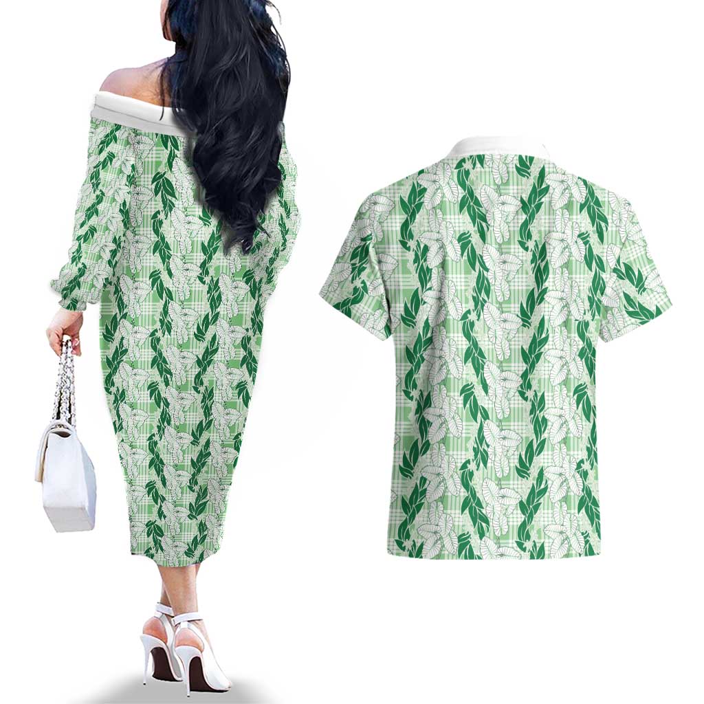 Hawaii Ti Leaf Maile Tuberose Lei Couples Matching Off The Shoulder Long Sleeve Dress and Hawaiian Shirt With Hanalei Leaf Green LT05 - Polynesian Pride