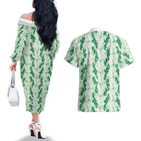 Hawaii Ti Leaf Maile Tuberose Lei Couples Matching Off The Shoulder Long Sleeve Dress and Hawaiian Shirt With Hanalei Leaf Green LT05 - Polynesian Pride