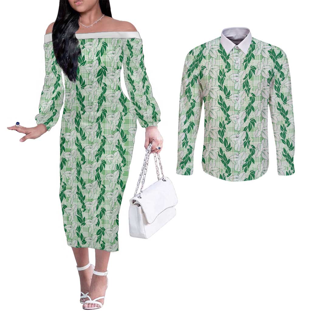 Hawaii Ti Leaf Maile Tuberose Lei Couples Matching Off The Shoulder Long Sleeve Dress and Long Sleeve Button Shirt With Hanalei Leaf Green