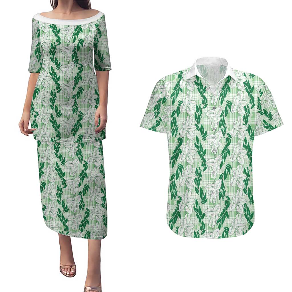 Hawaii Ti Leaf Maile Tuberose Lei Couples Matching Puletasi and Hawaiian Shirt With Hanalei Leaf Green LT05 Green - Polynesian Pride