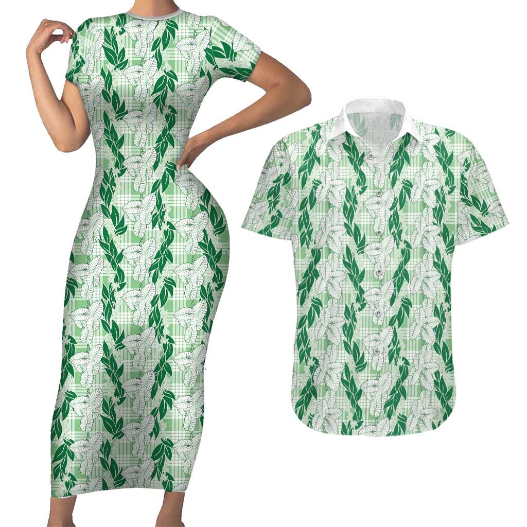 Hawaii Ti Leaf Maile Tuberose Lei Couples Matching Short Sleeve Bodycon Dress and Hawaiian Shirt With Hanalei Leaf Green