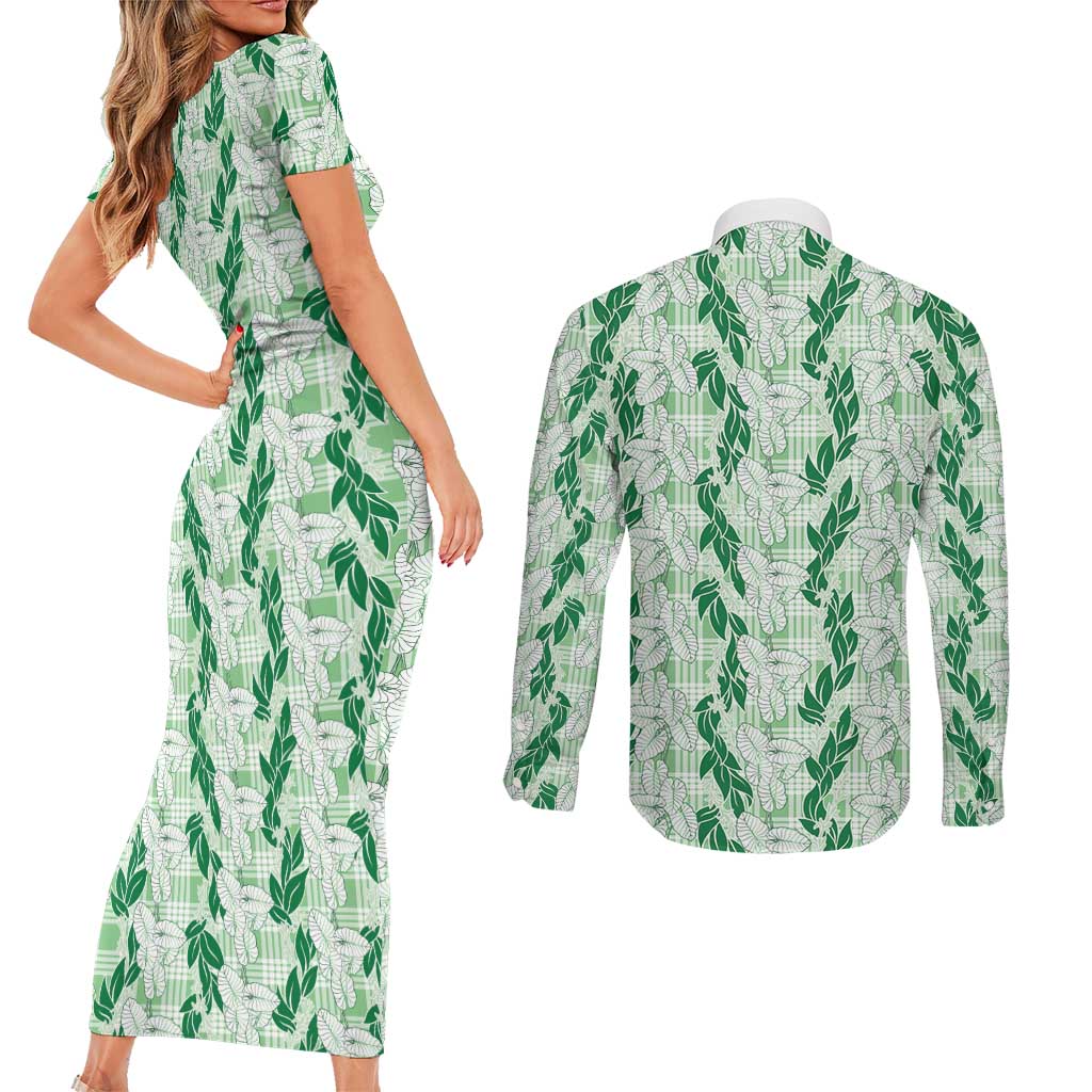 Hawaii Ti Leaf Maile Tuberose Lei Couples Matching Short Sleeve Bodycon Dress and Long Sleeve Button Shirt With Hanalei Leaf Green