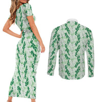 Hawaii Ti Leaf Maile Tuberose Lei Couples Matching Short Sleeve Bodycon Dress and Long Sleeve Button Shirt With Hanalei Leaf Green