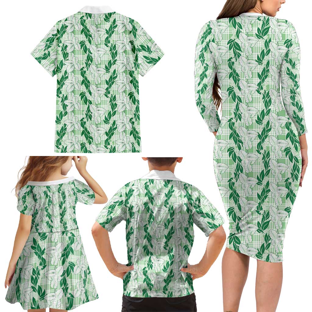Hawaii Ti Leaf Maile Tuberose Lei Family Matching Long Sleeve Bodycon Dress and Hawaiian Shirt With Hanalei Leaf Green