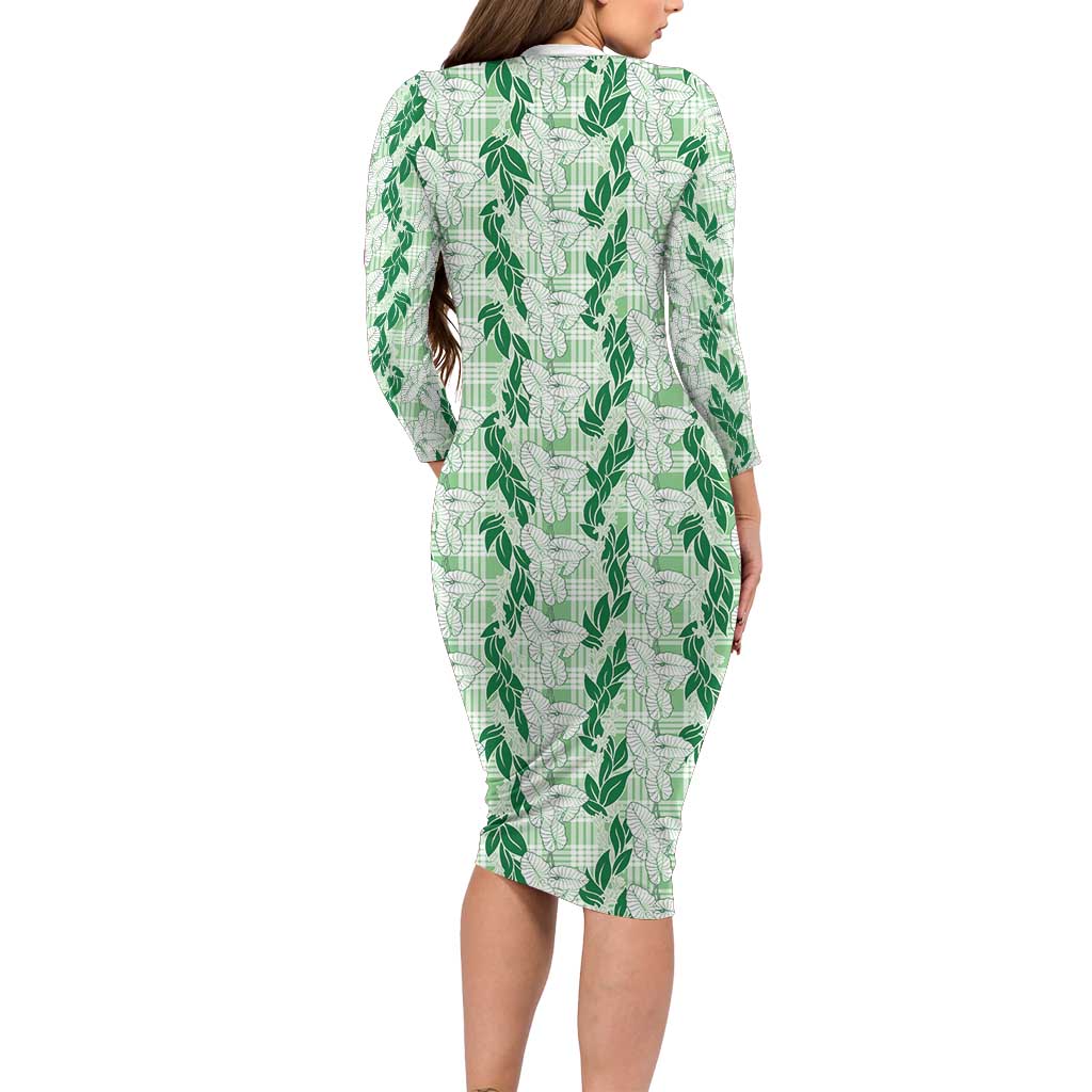 Hawaii Ti Leaf Maile Tuberose Lei Family Matching Long Sleeve Bodycon Dress and Hawaiian Shirt With Hanalei Leaf Green