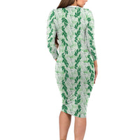 Hawaii Ti Leaf Maile Tuberose Lei Family Matching Long Sleeve Bodycon Dress and Hawaiian Shirt With Hanalei Leaf Green