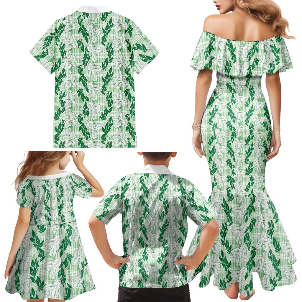 Hawaii Ti Leaf Maile Tuberose Lei Family Matching Mermaid Dress and Hawaiian Shirt With Hanalei Leaf Green