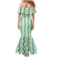 Hawaii Ti Leaf Maile Tuberose Lei Family Matching Mermaid Dress and Hawaiian Shirt With Hanalei Leaf Green
