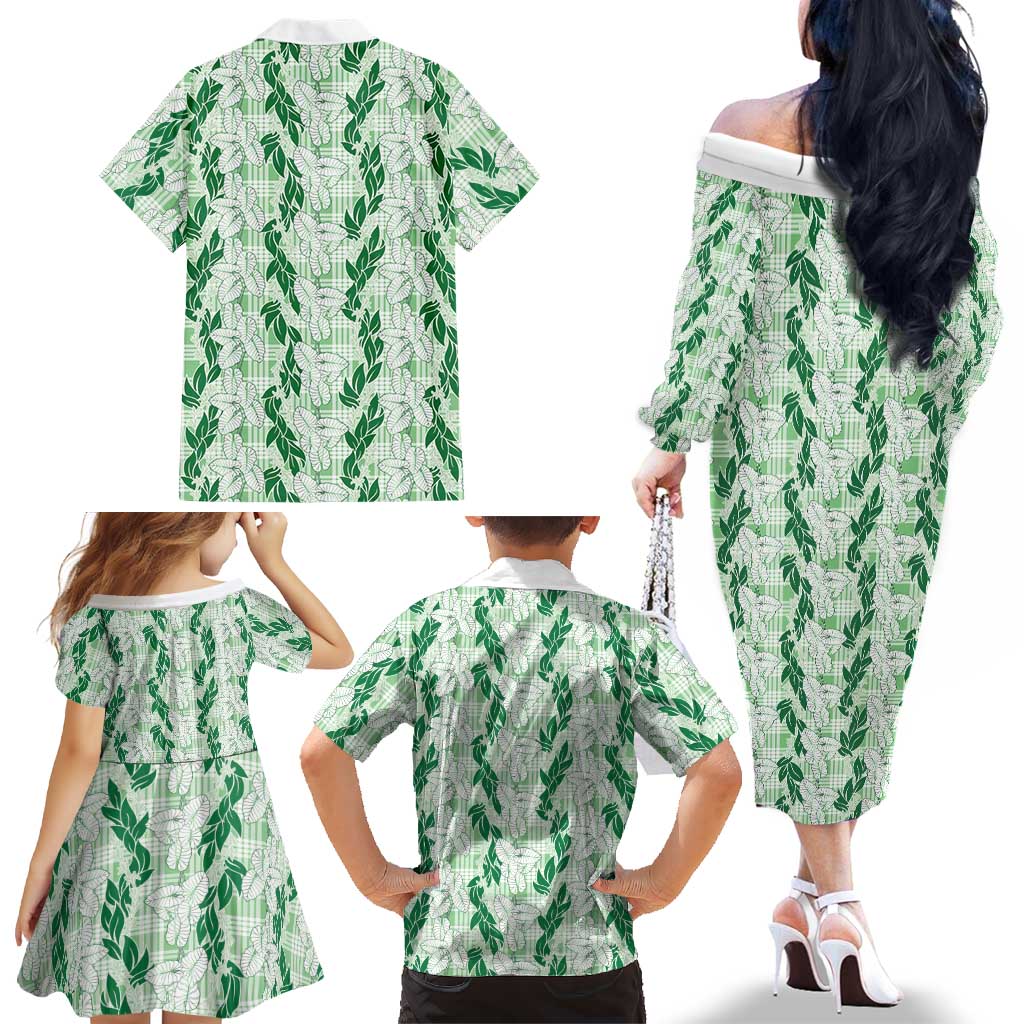 Hawaii Ti Leaf Maile Tuberose Lei Family Matching Off The Shoulder Long Sleeve Dress and Hawaiian Shirt With Hanalei Leaf Green