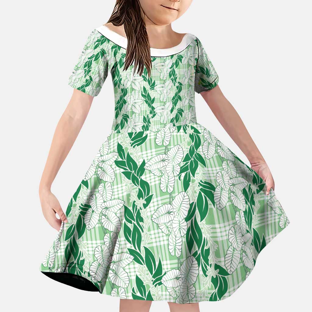 Hawaii Ti Leaf Maile Tuberose Lei Family Matching Puletasi and Hawaiian Shirt With Hanalei Leaf Green LT05 Daughter's Dress Green - Polynesian Pride