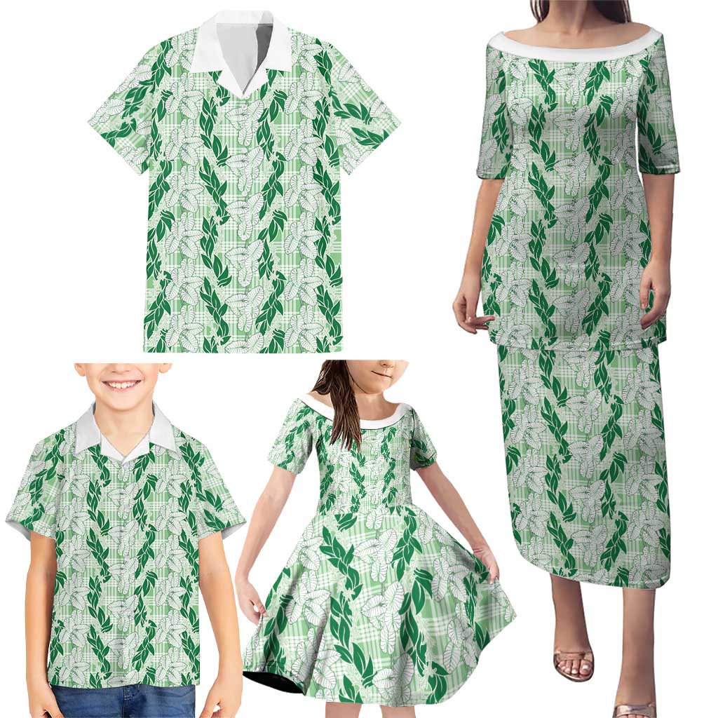 Hawaii Ti Leaf Maile Tuberose Lei Family Matching Puletasi and Hawaiian Shirt With Hanalei Leaf Green LT05 - Polynesian Pride