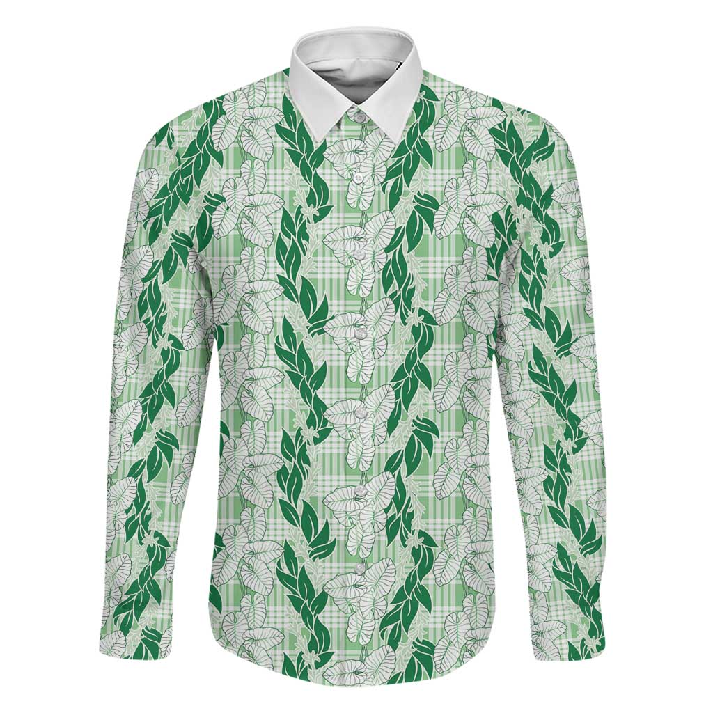 Hawaii Ti Leaf Maile Tuberose Lei Family Matching Puletasi and Hawaiian Shirt With Hanalei Leaf Green LT05 Dad's Shirt - Long Sleeve Green - Polynesian Pride