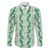 Hawaii Ti Leaf Maile Tuberose Lei Family Matching Puletasi and Hawaiian Shirt With Hanalei Leaf Green LT05 Dad's Shirt - Long Sleeve Green - Polynesian Pride