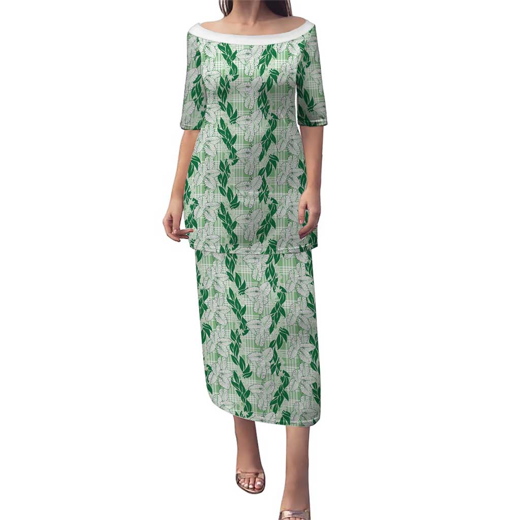 Hawaii Ti Leaf Maile Tuberose Lei Family Matching Puletasi and Hawaiian Shirt With Hanalei Leaf Green LT05 Mom's Dress Green - Polynesian Pride