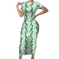 Hawaii Ti Leaf Maile Tuberose Lei Family Matching Short Sleeve Bodycon Dress and Hawaiian Shirt With Hanalei Leaf Green