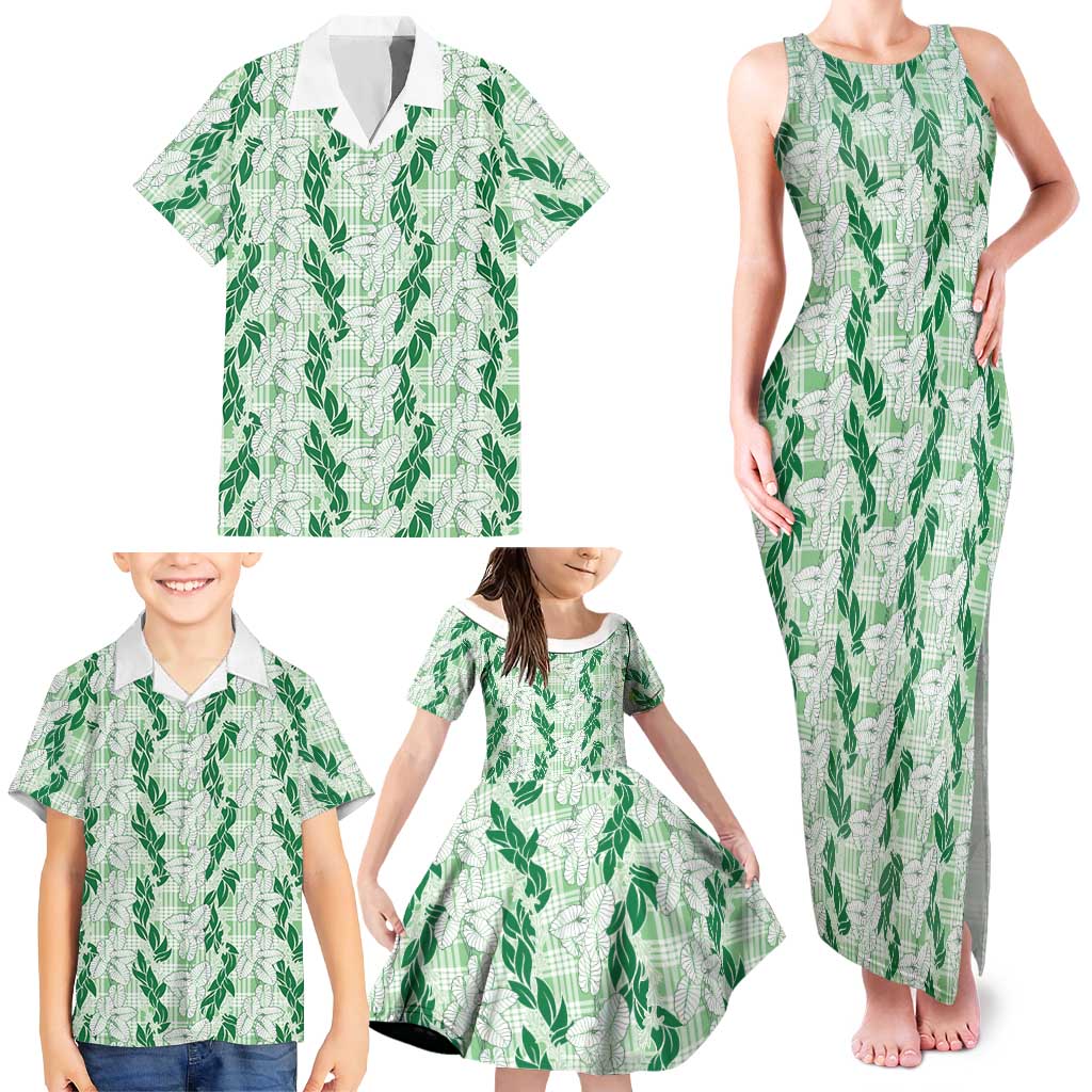 Hawaii Ti Leaf Maile Tuberose Lei Family Matching Tank Maxi Dress and Hawaiian Shirt With Hanalei Leaf Green