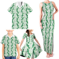 Hawaii Ti Leaf Maile Tuberose Lei Family Matching Tank Maxi Dress and Hawaiian Shirt With Hanalei Leaf Green