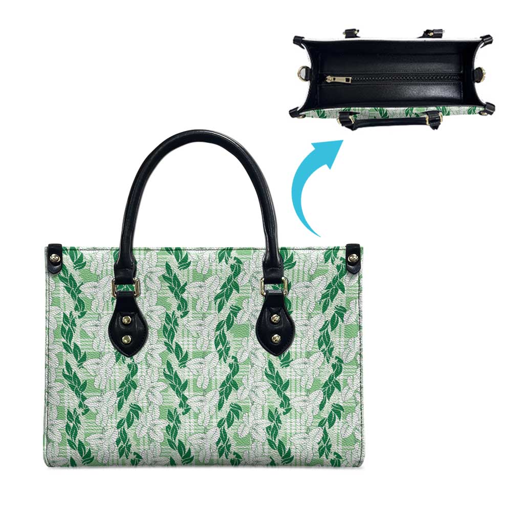 Hawaii Ti Leaf Maile Tuberose Lei Leather Bag With Hanalei Leaf Green