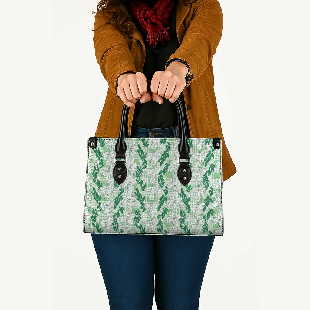 Hawaii Ti Leaf Maile Tuberose Lei Leather Bag With Hanalei Leaf Green