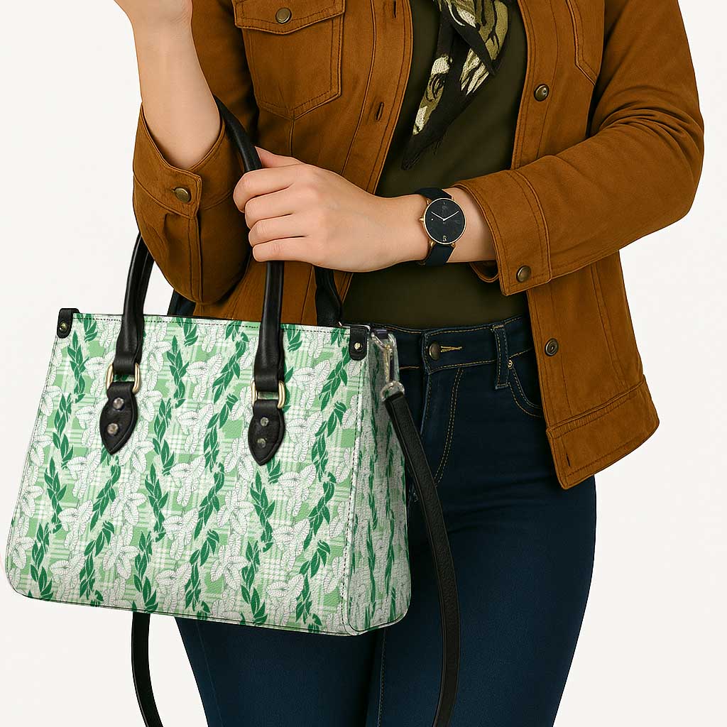 Hawaii Ti Leaf Maile Tuberose Lei Leather Bag With Hanalei Leaf Green