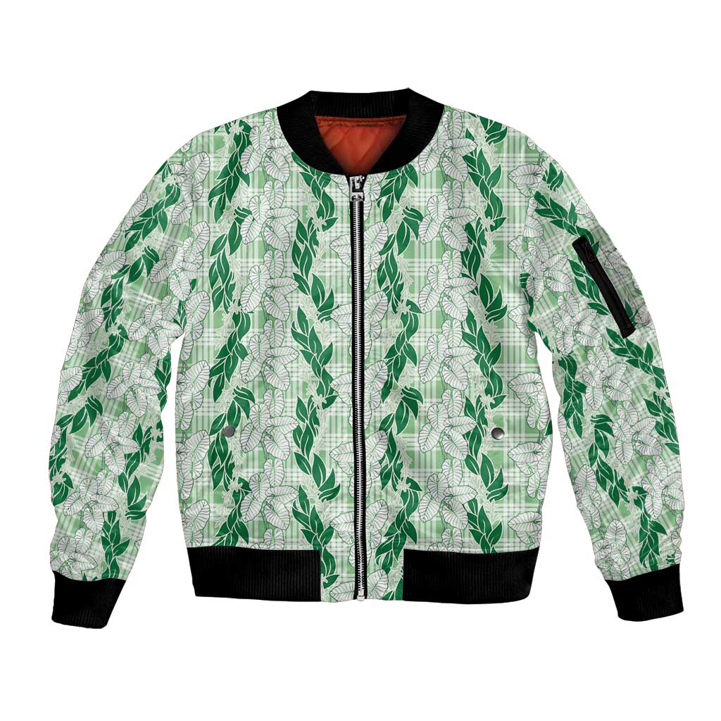 Hawaii Ti Leaf Maile Tuberose Lei Sleeve Zip Bomber Jacket With Hanalei Leaf Green