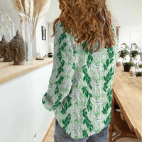 Hawaii Ti Leaf Maile Tuberose Lei Women Casual Shirt With Hanalei Leaf Green