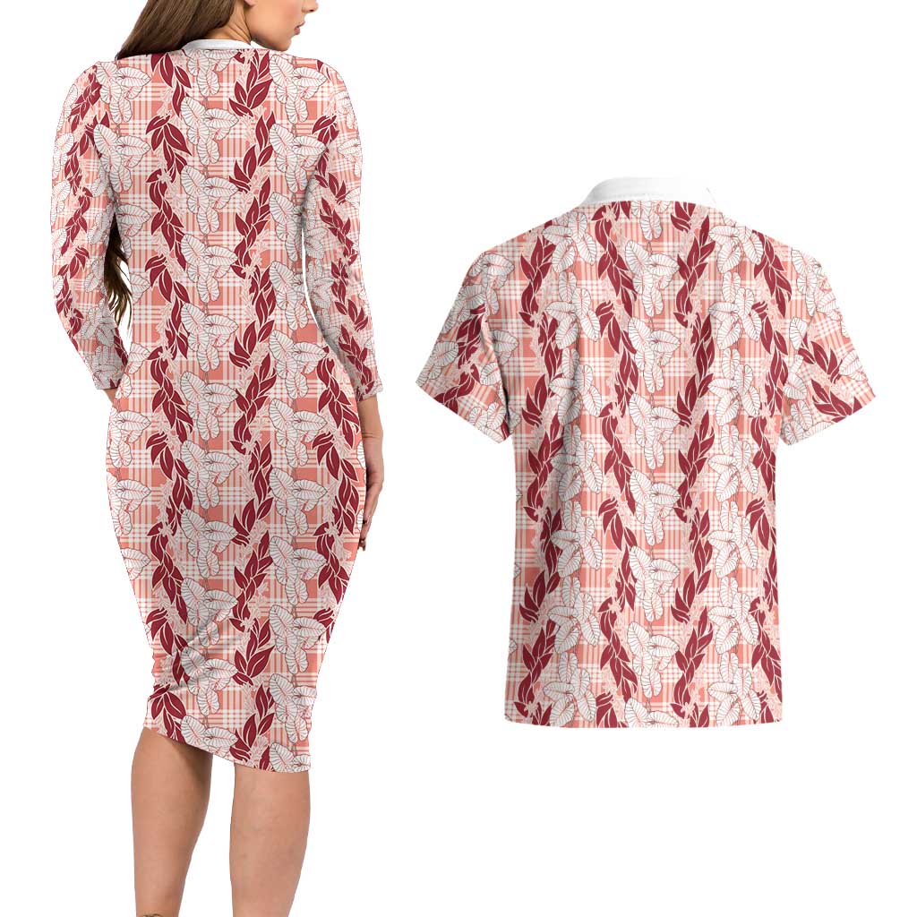 Hawaii Ti Leaf Maile Tuberose Lei Couples Matching Long Sleeve Bodycon Dress and Hawaiian Shirt With Hanalei Leaf Red