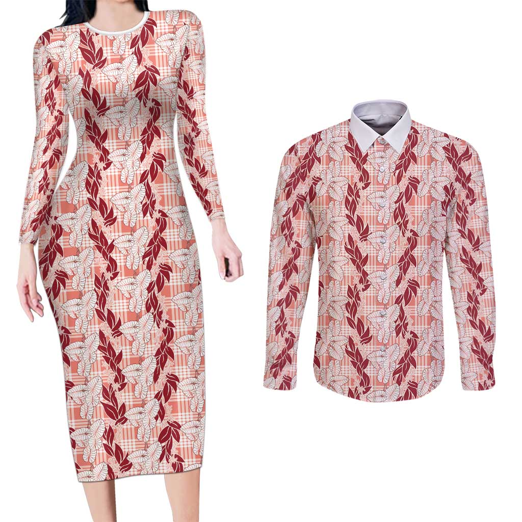 Hawaii Ti Leaf Maile Tuberose Lei Couples Matching Long Sleeve Bodycon Dress and Long Sleeve Button Shirt With Hanalei Leaf Red