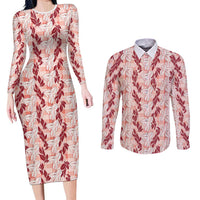 Hawaii Ti Leaf Maile Tuberose Lei Couples Matching Long Sleeve Bodycon Dress and Long Sleeve Button Shirt With Hanalei Leaf Red LT05 Red - Polynesian Pride