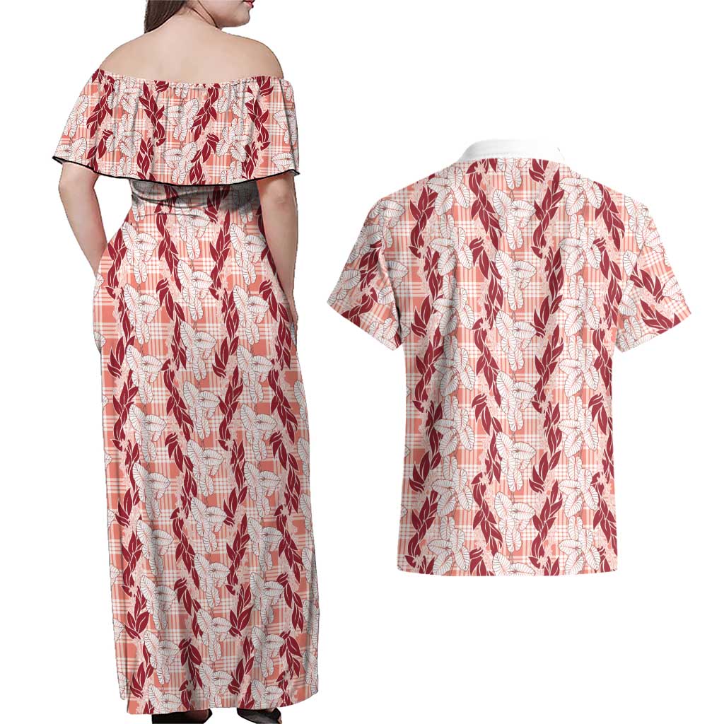 Hawaii Ti Leaf Maile Tuberose Lei Couples Matching Off Shoulder Maxi Dress and Hawaiian Shirt With Hanalei Leaf Red LT05 - Polynesian Pride