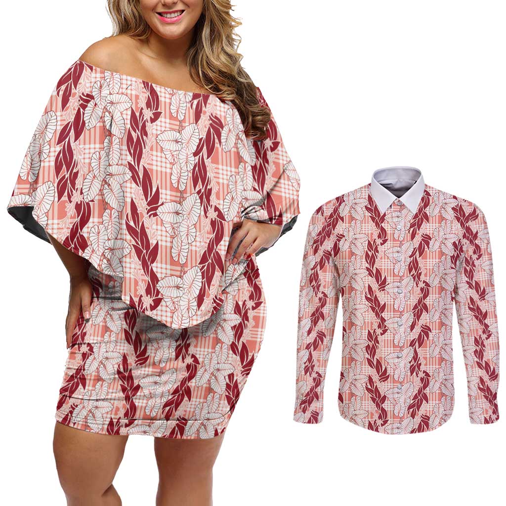 Hawaii Ti Leaf Maile Tuberose Lei Couples Matching Off Shoulder Short Dress and Long Sleeve Button Shirt With Hanalei Leaf Red