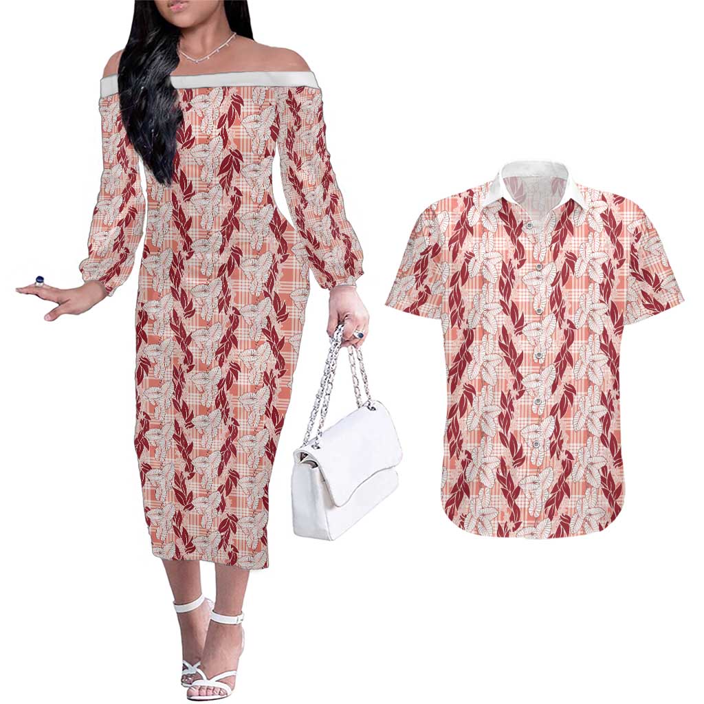 Hawaii Ti Leaf Maile Tuberose Lei Couples Matching Off The Shoulder Long Sleeve Dress and Hawaiian Shirt With Hanalei Leaf Red LT05 Red - Polynesian Pride