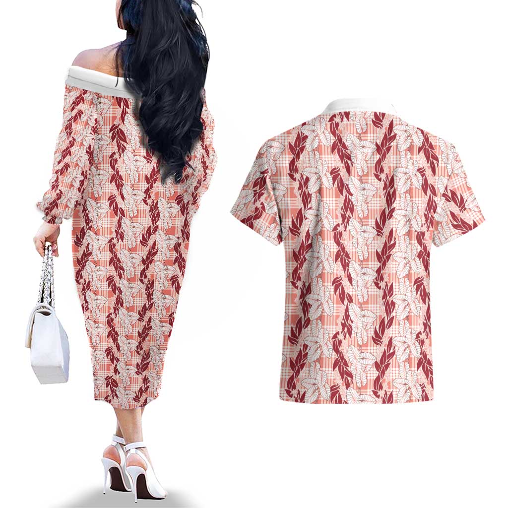 Hawaii Ti Leaf Maile Tuberose Lei Couples Matching Off The Shoulder Long Sleeve Dress and Hawaiian Shirt With Hanalei Leaf Red LT05 - Polynesian Pride