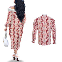 Hawaii Ti Leaf Maile Tuberose Lei Couples Matching Off The Shoulder Long Sleeve Dress and Long Sleeve Button Shirt With Hanalei Leaf Red