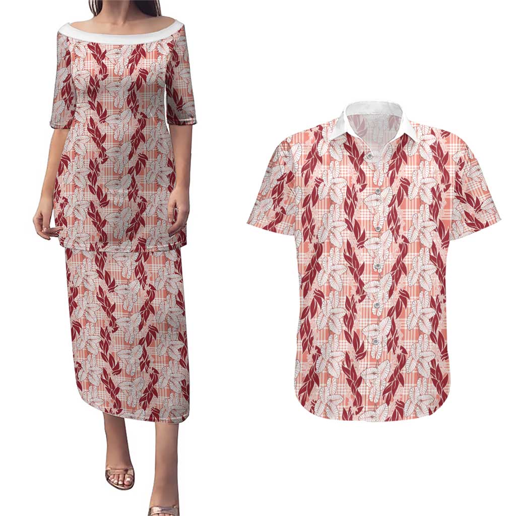 Hawaii Ti Leaf Maile Tuberose Lei Couples Matching Puletasi and Hawaiian Shirt With Hanalei Leaf Red